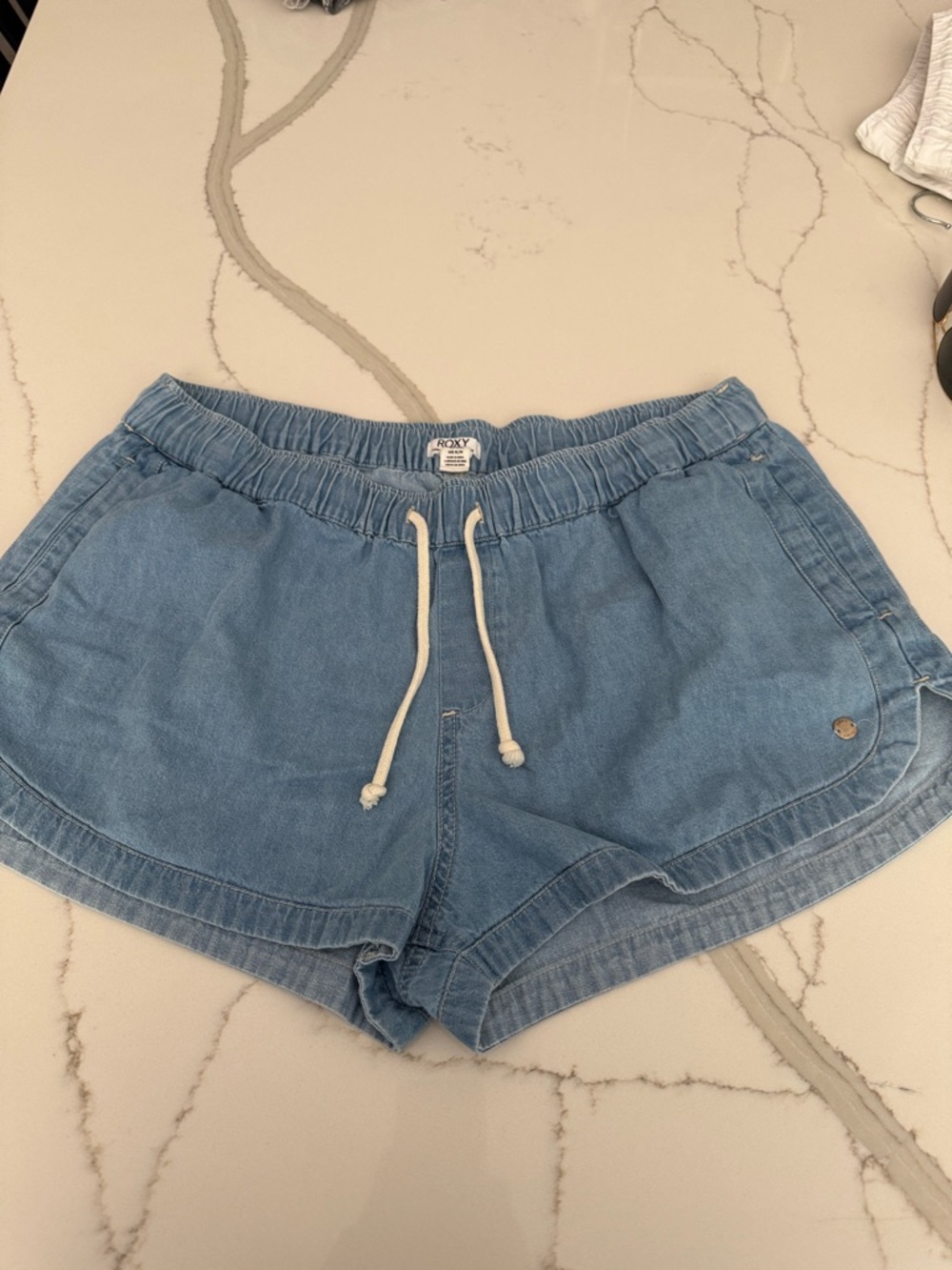 Roxy Light Blue Denim Elastic Waist Drawstring Shorts